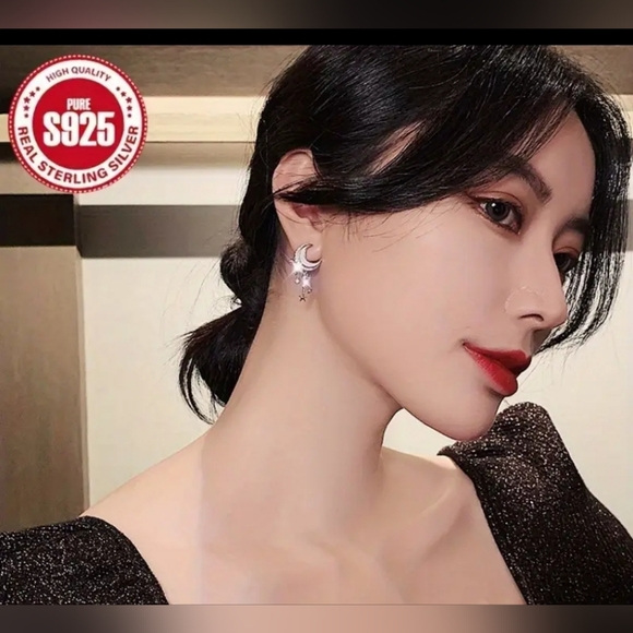 Gold Plated Pearlessent Crescent moon star drop earrings with silver post - Picture 9 of 16